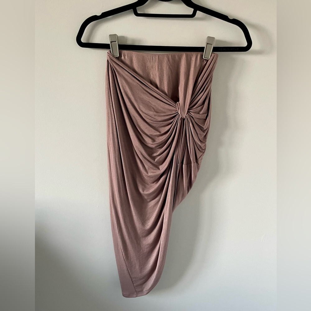 Knot-Front Draped Asymmetrical Midi Bodycon Skirt - Taupe
